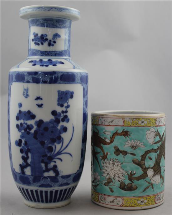 A Chinese blue and white rouleau vase and a brush pot